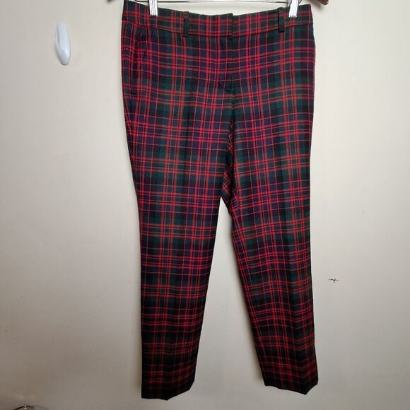 J.Crew Womens Cafe Capri Cropped Pants Red Green Plaid Mid Rise Flat Front 2 - Picture 1 of 5